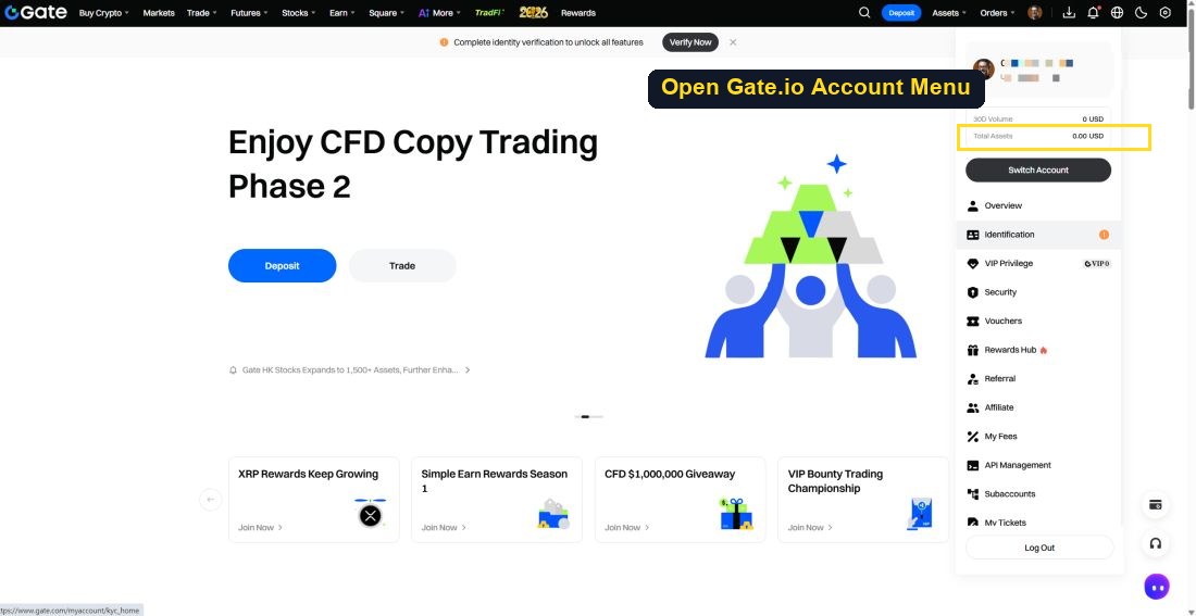 Open Gate.io Account Menu