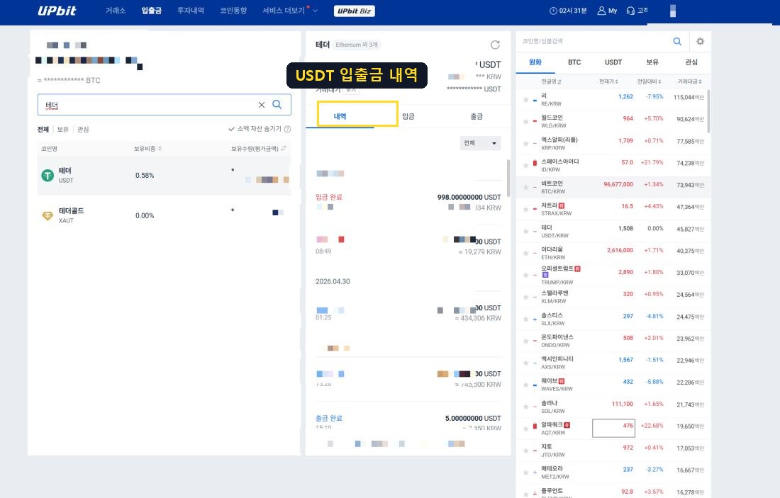 USDT 입출금 내역
